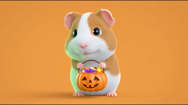 Adorable 3D guinea pig character, cute cavy rodent, holds Halloween pumpkin basket full of candy. festive animal illustration for happy autumn holiday