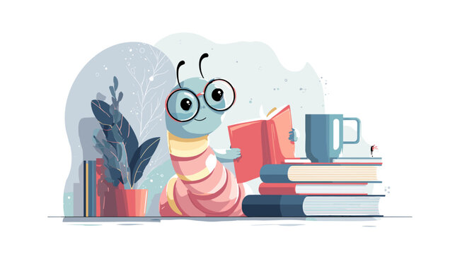 A charming bookworm illustration features a worm reading amidst a cozy arrangement of books, a mug, and a potted plant.