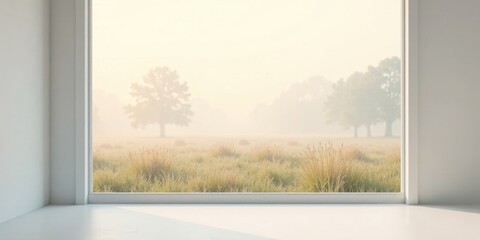 Fototapeta premium Serene Sunrise Meadow View from Minimalist Room Corner Window