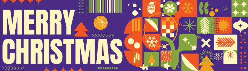 Merry Christmas Vibrant Abstract Geometric Pattern with Modern Typography Colorful Festive Ornaments and Snowflakes Holiday Greeting Background Design