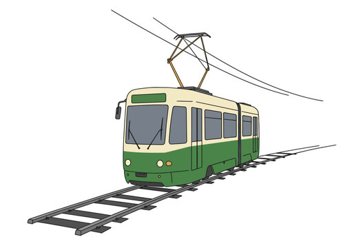 Green and Cream Vintage Tramcar on Tracks Detailed Line Art Illustration.