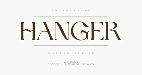 Hanger elegant font alphabet uppercase lowercase and number. Classic lettering minimal fashion designs. Typography modern serif fonts regular decorative vintage concept. Vector illustration
