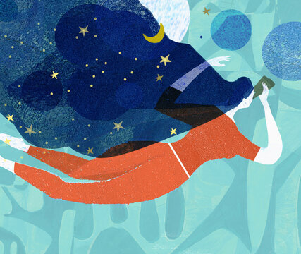 Woman floating in space looking through binoculars