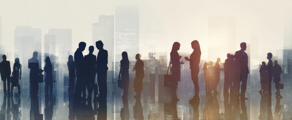 The silhouettes of people connecting against an urban skyline at sunset.
