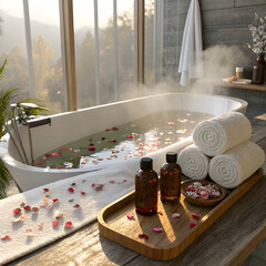 Luxurious freestanding bathtub filled with water and rose petals white
