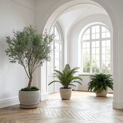Bright scandinavian room with potted plants and arched windows interior natural light