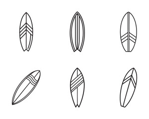 Collection of Surfboard Icons in Minimalist Outline Style Representing Different Designs and Shapes for Water Sports Enthusiasts and Coastal Lifestyle Graphics