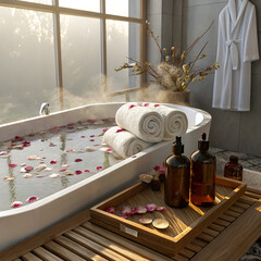 Luxurious spa bath with rose petals steam and aromatherapy oils bathtub towels
