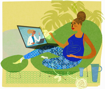 Pregnant woman at home having video conference with doctor