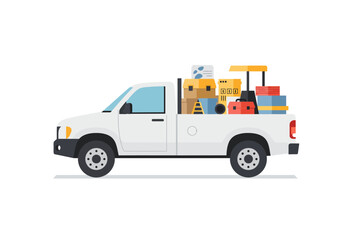 White Pickup Truck Loaded with Boxes and Tools Side View.