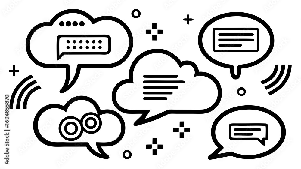 Poster various speech bubbles with different text styles and design elements in a black and white illustrat