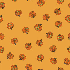 Spooky Jack o Lanterns Tossed in a Non Directional Pattern on a Halloween Pumpkin Orange Background creating a seamless pattern print