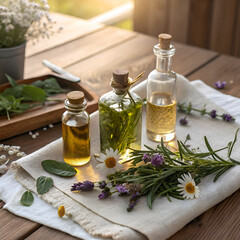 Amber and green oils in cork stopper glass bottles with herbs and flowers essential oils cork stoppers