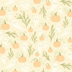 Seamless whimsical autumn pattern with pumpkins, ghosts, leaves, and stars on cream background — soft cozy fall harvest vector design for wrapping paper, fabric, party decor, stationery, and crafts