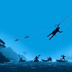 A silhouette image depicts people kayaking and zip-lining over water, with blue mountains and sky in the background. The active scene conveys an adventurous spirit.