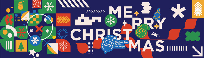 Merry Christmas Vibrant Abstract Geometric Pattern with Modern Typography Colorful Festive Ornaments and Snowflakes Holiday Greeting Background Design