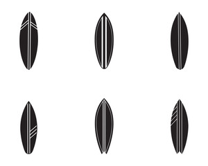 Collection of Various Surfboard Designs in Black and White Surf Culture and Water Sports with Different Patterns and Outlines for Graphic Elements