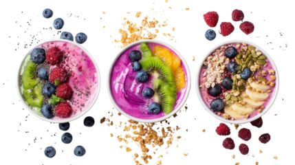 Bright Healthy Smoothie Bowls: A flat lay of bright smoothie bowls topped with fruits, granola, and seeds, isolated on a Transparent background, PNG file.
