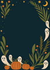 Dark autumn frame with ghosts, pumpkins, leaves, berries, moon, and stars — spooky whimsical border design for invitations, greeting cards, posters, party decor, and seasonal stationery