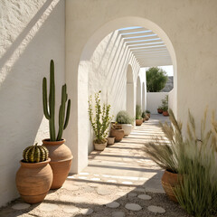 White arched walkway with potted desert plants and dappled sunlight archway cactus