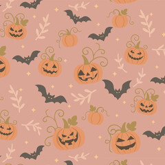 Seamless spooky autumn pattern with jack-o’-lantern pumpkins, bats, leaves, and moons on peach background — cute and eerie fall harvest vector design for party decor, wrapping paper, fabric, and craft