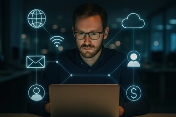 Man working on laptop with digital network icons representing global connectivity and finance