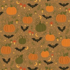 Seamless autumn pattern with pumpkins, bats, mushrooms, moons and stars in rustic fall colors — whimsical spooky harvest design for wrapping paper, fabric, party decor, invitations, and crafts