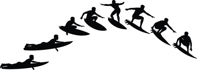 Silhouette of surfer riding waves, surfing progression poses, ocean adventure, extreme sport motion, surfboard technique, black vector illustration design