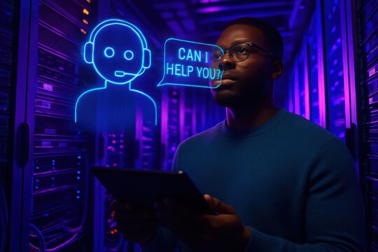 Man interacts with ai chatbot in server room asking can i help you