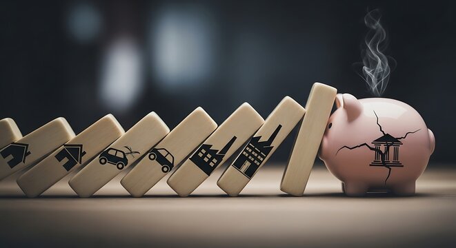 Conceptual image of an economic crisis, where a domino chain reaction from housing and industry leads to a financial crash and broken piggy bank