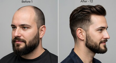 Before and after comparison of a man's hair restoration, showing clear improvement in density and hairline. Ideal for hair transplant, trichotherapy, and male hair loss recovery visuals.
