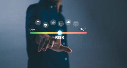 Risk assessment and document management concept, businessman using touch virtual graphic, showing risk management of business organization's performance to reduce impact of operations