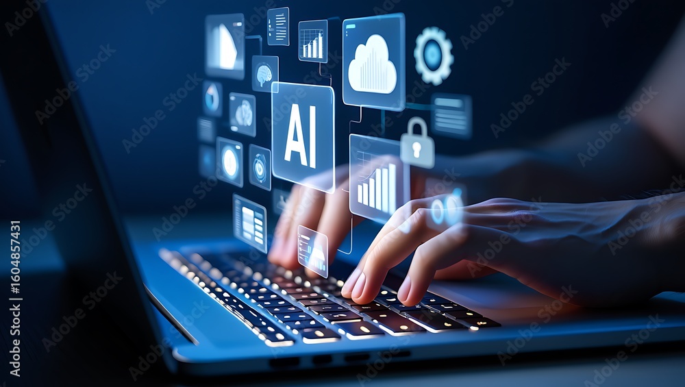 Poster hands typing on a laptop with glowing ai and technology interface icons
