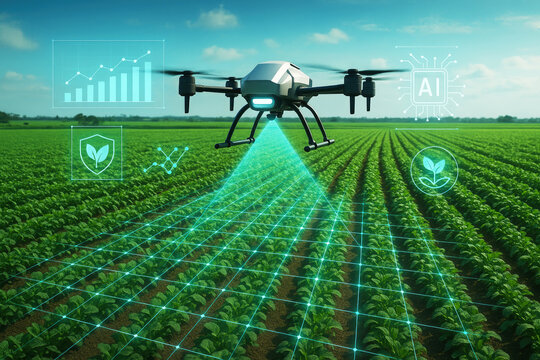 Futuristic drone surveying green agricultural field with digital data overlays agriculture