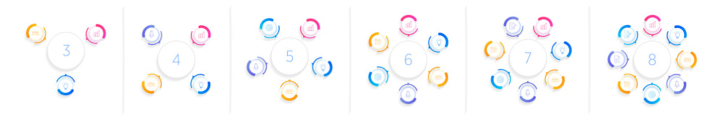 Modern Infographic design elements for your business data with 3,4,5,6,7 and 8 options, parts, steps, timelines or processes, Circle round concept. Vector Illustration.	