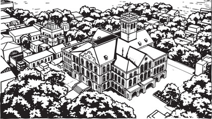 Drawing of a historic building with classical architecture, isolated on a white background. Classical architecture vector.
