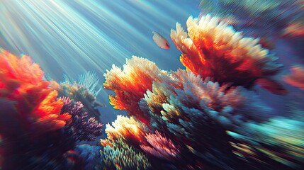 Obraz premium an underwater scene featuring vibrant coral. the coral's various hues of orange, red, and pink contrast beautifully with the deep blue of the water around it