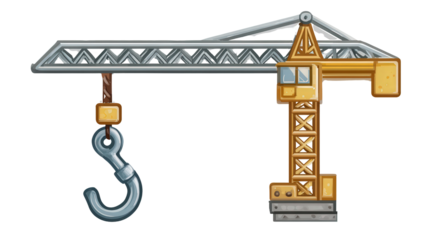 Building Crane and Hook Icon: Icon of a building crane and hook, used to lift materials at construction sites, isolated on a Transparent background, PNG file.