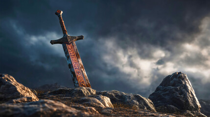 A magical sword embedded in stone, remnants of a great warrior  an ancient, magical greatsword.
