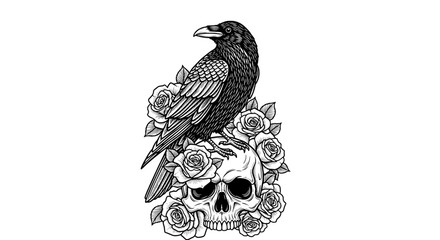 Raven on Skull with Roses Gothic Tattoo Illustration
