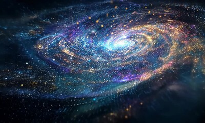 A swirling cosmic galaxy shines with stars in the vastness of space, Vibrant blue nebulae swirl with distant stars and cosmic dust, 4k video - Powered by Adobe