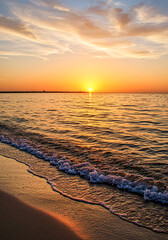 Golden sunset over calm ocean waves on a sandy beach