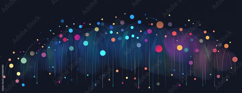 Poster intricate network of colorful dots connected by white lines on dark background, representing technol