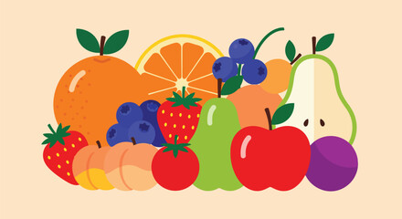 A vibrant collection of fresh fruit illustrations, including apple, strawberry, banana, orange, cherry, pear, lemon, plum, watermelon, and pineapple, forms a healthy nature design set