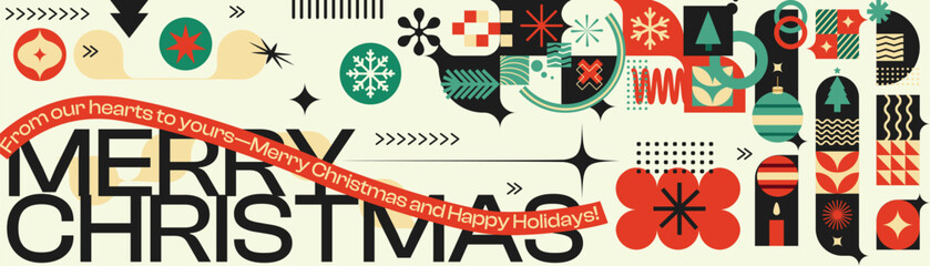 Merry Christmas Vibrant Abstract Geometric Pattern with Modern Typography Colorful Festive Ornaments and Snowflakes Holiday Greeting Background Design