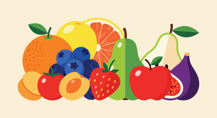 A vibrant collection of fresh fruit illustrations, including apple, strawberry, banana, orange, cherry, pear, lemon, plum, watermelon, and pineapple, forms a healthy nature design set