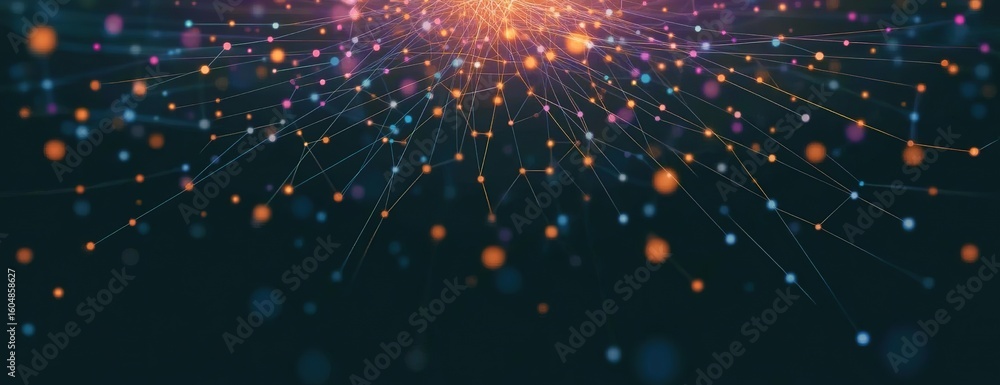 Poster hyperrealistic interconnected glowing dots and lines network on dark blue, symbolizing technology gr