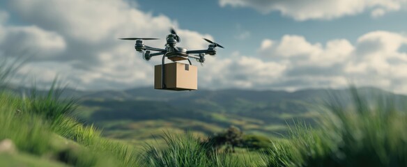 The drone delivering a package over a scenic green landscape.