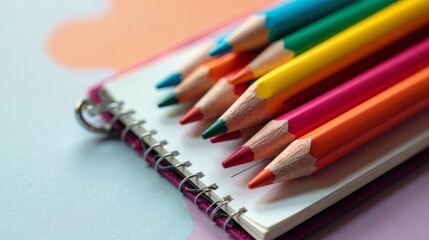 A vibrant collection of colored pencils rests on a spiral-bound notebook, ready for creative expression and artistic endeavors