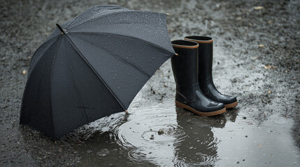 Umbrella, rain boots, and puddles during rainy season